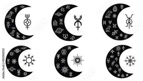 Flat vector illustration set of six dark crescent moons adorned with white mystical, alchemical, astrological, and, isolated on white background
