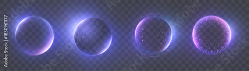 A set of glowing neon magical spheres with blue and purple halos on a transparent background. Abstract energy balls for interfaces, game effects, and magical elements.