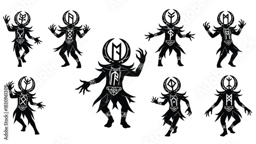 Stylized black silhouette figures with runic symbols and crescent moon headpieces, in dynamic mystical poses, flat, isolated on white background