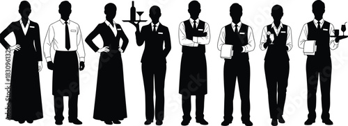 Professional Service Staff Silhouettes: Waiters, Waitresses, and Bartenders in Uniform, Offering Fine Dining and Hospitality, Representing Restaurant, Hotel, and Catering Industry Roles.