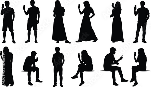 People Using Mobile Phones Silhouette Vector Set, Men and Women Standing and Sitting While Texting or Taking Photos, Communication, Technology, and Social Media Icons Isolated on White Background.