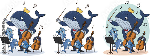 Cute whale conductor leading dolphin orchestra playing musical instruments illustration set in fun cartoon underwater character style