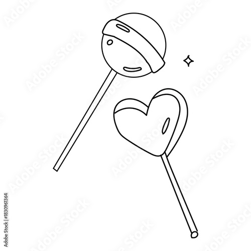 Sweet Lollipop Candies Outline Illustration with Heart Shape and Round Shape for Coloring Books and Creative Designs Projects featuring Simple Lines