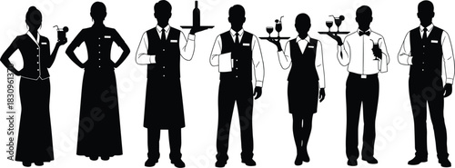 Professional Waiter and Waitress Silhouette Vector Set Serving Drinks and Wine, Collection of Restaurant and Hotel Staff in Formal Uniforms, Hospitality Industry Service Icons Isolated on White.