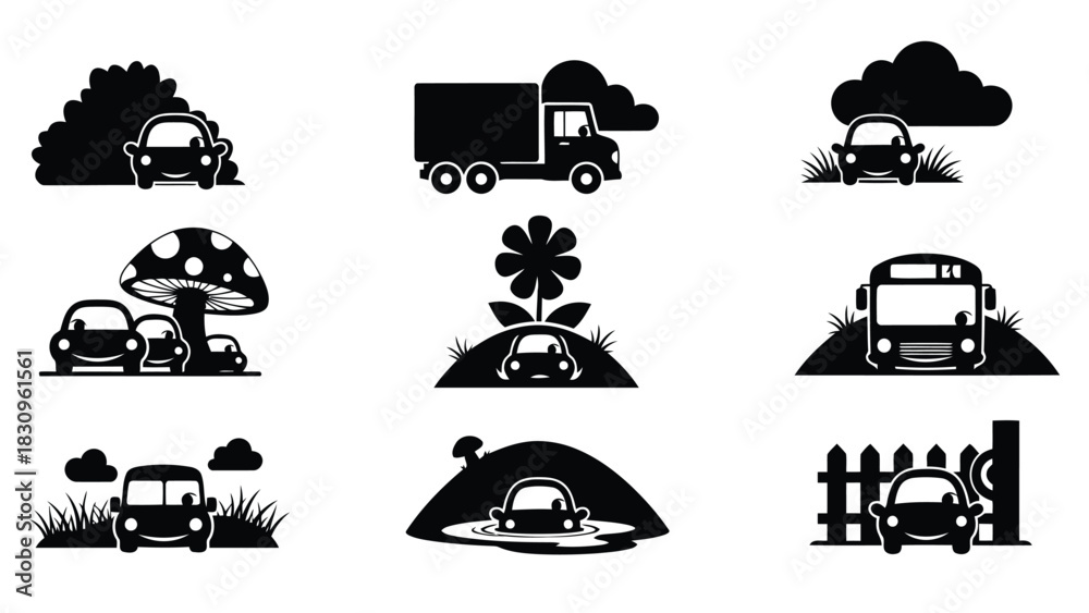 Obraz premium Collection of cute flat vector silhouette illustrations featuring various smiling cartoon cars, a delivery truck, and a, isolated on white background