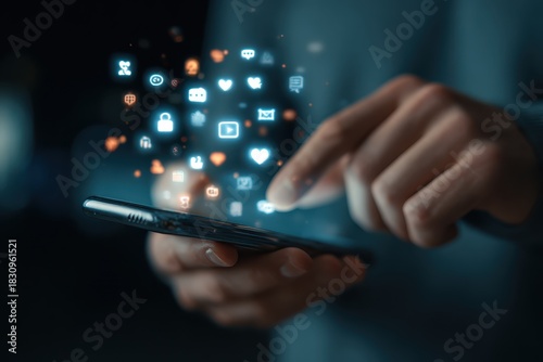 Man engages with social media content using smartphone at night in a modern urban setting