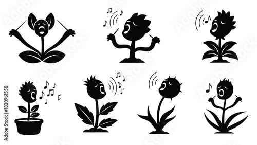 Black silhouette flat vector icons of stylized plant characters singing and conducting music, with musical notes and, isolated on white background