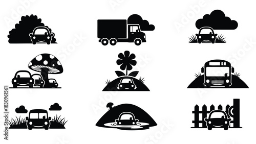 Collection of cute flat vector silhouette illustrations featuring various smiling cartoon cars, a delivery truck, and a, isolated on white background