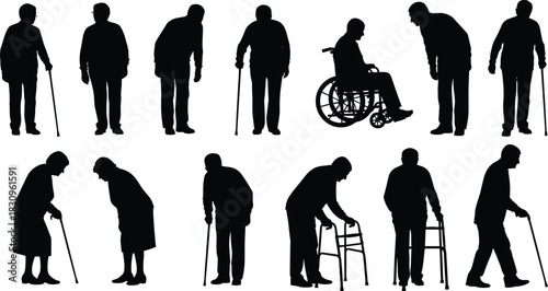 Vector Silhouette Set of Diverse Elderly People, Seniors Using Walking Sticks, Wheelchair, and Walkers, Illustrating Mobility Issues and Geriatric Health Care Isolated on White.