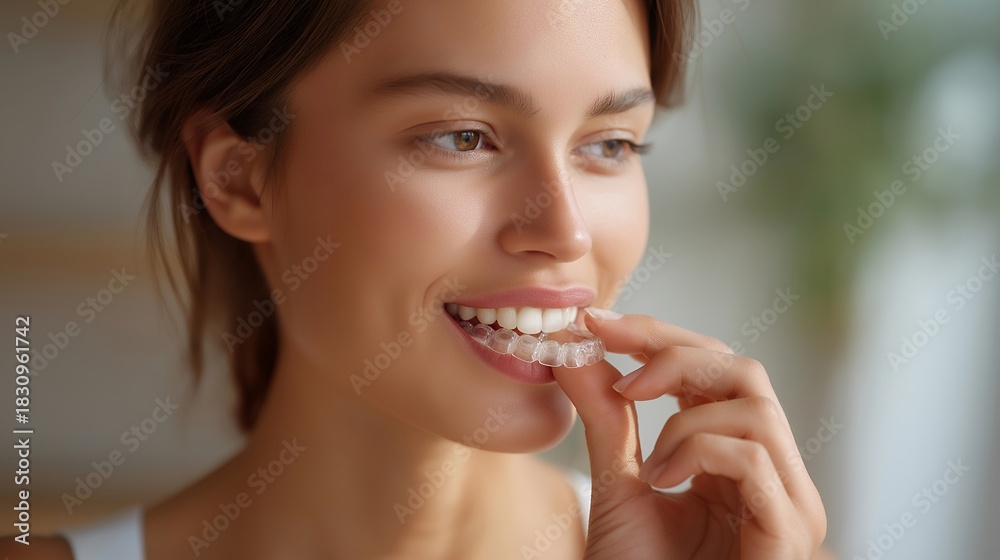 Fototapeta premium An orthodontist adjusting clear aligners on a patient’s teeth, explaining how each set gradually shifts tooth position — modern orthodontics, tooth alignment, and invisible braces technology.