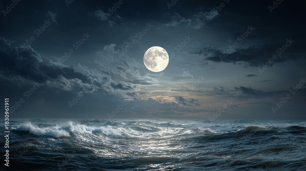 Obraz premium A serene seascape under the glow of the full moon, evokes a sense of peace and wonder. The waves gently crash, and the night sky is filled with clouds