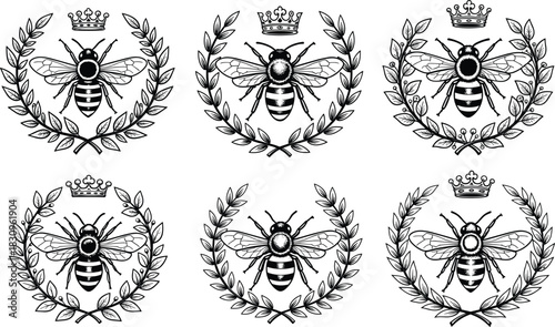 Bee emblem with crown and laurel wreath, royal insect vector icons, cad drawing flat vector illustration, black graphic design