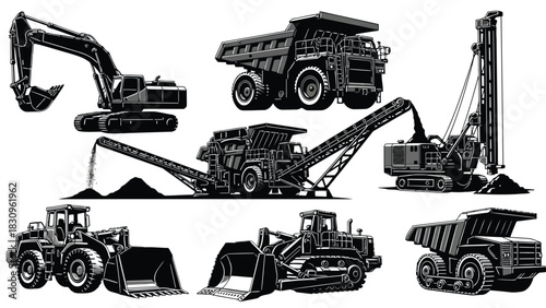Flat vector illustration of heavy construction and mining equipment set, featuring excavators, dump trucks, drilling, isolated on white background