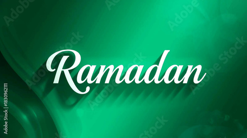 Elegant white calligraphy text of the word ramadan against a deep green background