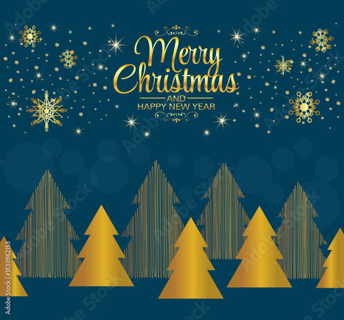 Christmas card with gold Merry Christmas and Happy New Year text, shining stars, snowflakes and golden trees on a dark blue background. Ideal for holiday cards, invitations, prints and festive design.