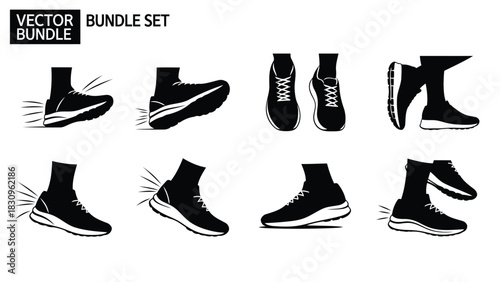 Collection of flat vector illustrations depicting various black and white running shoes in dynamic motion, showcasing, isolated on white background