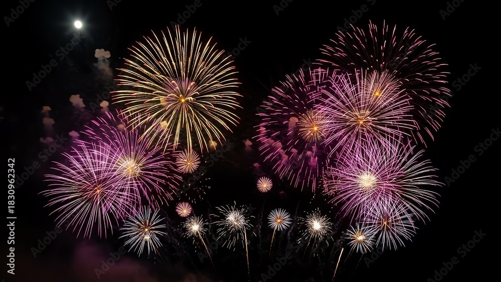 Fototapeta premium Fireworks display against dark night sky