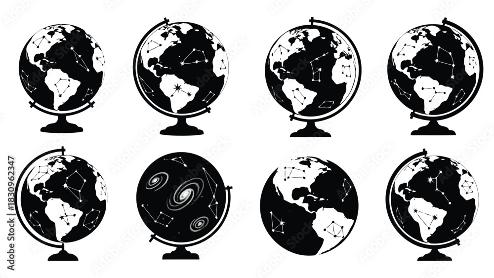 Obraz premium Stylized black and white globes with terrestrial maps and constellations, plus one galaxy globe, in a flat vector, isolated on white background