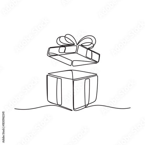Open gift box with bow line drawing illustration