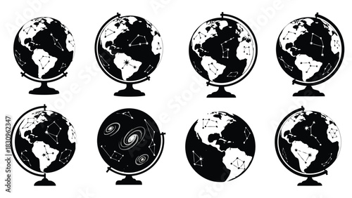 Stylized black and white globes with terrestrial maps and constellations, plus one galaxy globe, in a flat vector, isolated on white background