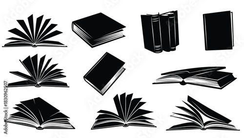Comprehensive collection of black silhouette book icons in various open and closed positions, featuring fanned pages, isolated on white background
