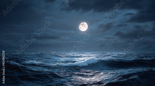 A captivating night view of the moon over the sea, with dark clouds in the sky