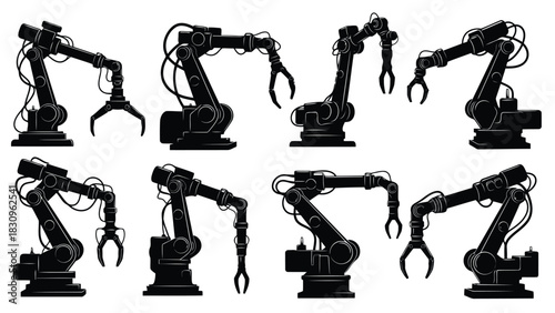 Industrial robotic arms silhouette vector set featuring articulated joints and grippers, symbolizing factory automation, isolated on white background