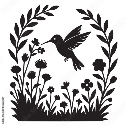 Bird hovers near flowers, surrounded by lush greenery.