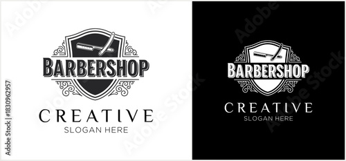 A vintage-style barbershop logo template featuring a classic barber pole inside an ornate shield, presented in black and white variations.