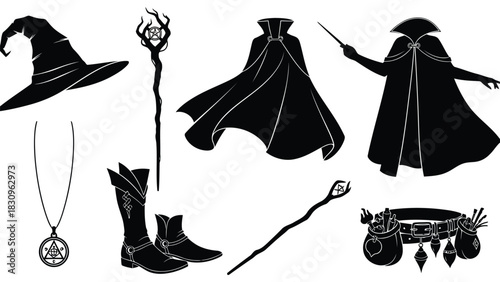 Flat vector silhouettes of magical fantasy accessories: witch hat, wizard staffs, flowing capes, mystical pendant,, isolated on white background