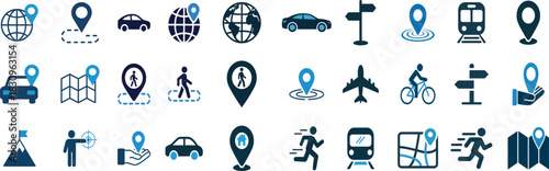 Transportation and Navigation Icon Set Vector Icons for Journey Planning and Route Tracking, Blue and White Design