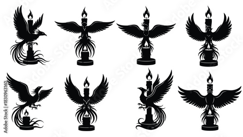 Set of stylized black phoenix birds with burning candles, depicting various poses and interactions, a flat vector, isolated on white background
