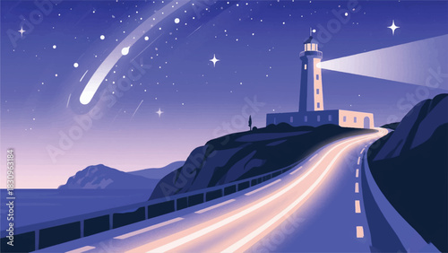 Lighthouse at Night Illustrator Artwork Banner Background Design Template 
