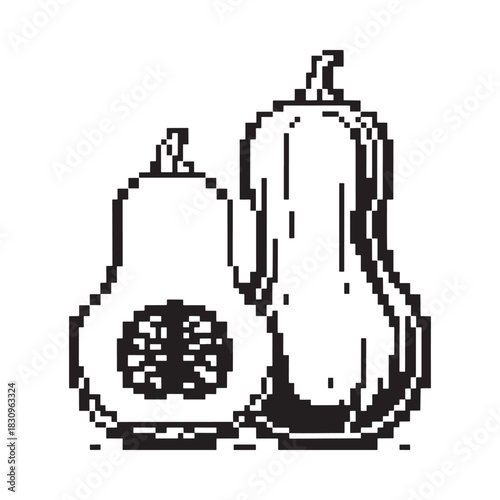 Line art illustration of two butternut squash one halved