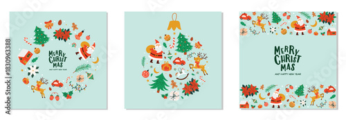 Christmas banners set with cute festive elements on light background. Flat vector winter illustrations.