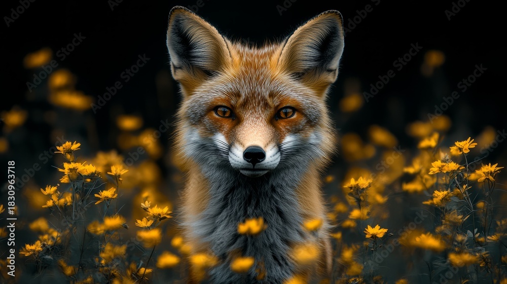 Naklejka premium A striking fox stands amidst vibrant wildflowers, capturing the essence of wild beauty during the golden hour