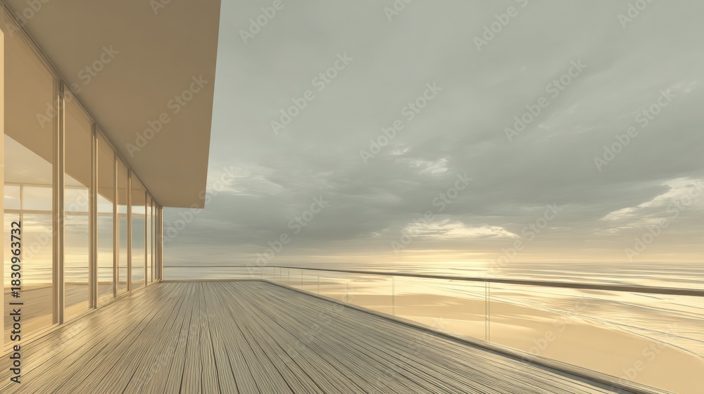 Obraz premium Modern Coastal Architecture with Ocean View Balcony at Sunset, Minimalist Design and Serene Ambiance