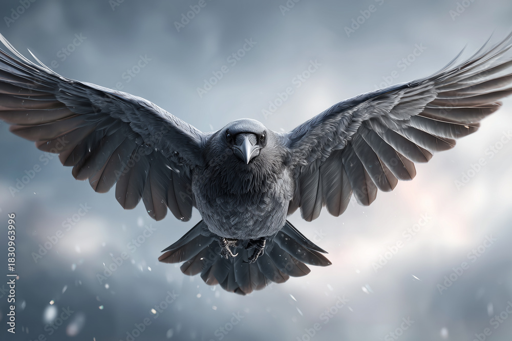 Obraz premium Dramatischer fliegender Rabe im Sturm – Wildlife, Natur, Dynamik