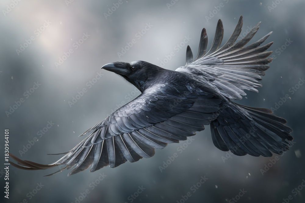 Naklejka premium Dramatischer fliegender Rabe im Sturm – Wildlife, Natur, Dynamik