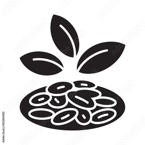 Black and white illustration of coffee beans with leaves