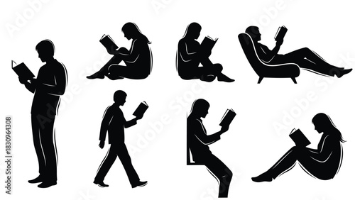 Diverse black silhouette figures, both men and women, engaged in reading books in various poses, including standing,, isolated on white background