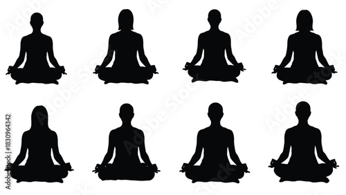 Eight black human silhouettes, featuring diverse male and female figures, sitting calmly in a traditional lotus, isolated on white background