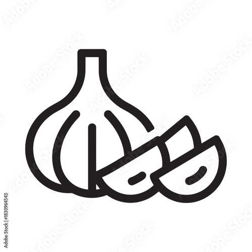 Simple line art icon of a garlic bulb with sliced cloves