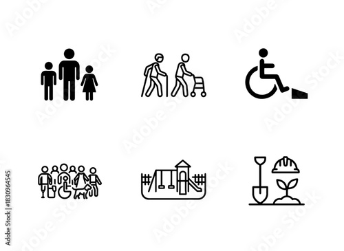 Multi Generational Group Seniors Walking Wheelchair Access People with Disabilities Icons