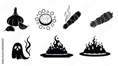 Flat vector illustration of mystical items: garlic, burning sage, spooky ghost, and ritualistic offerings, for, isolated on white background