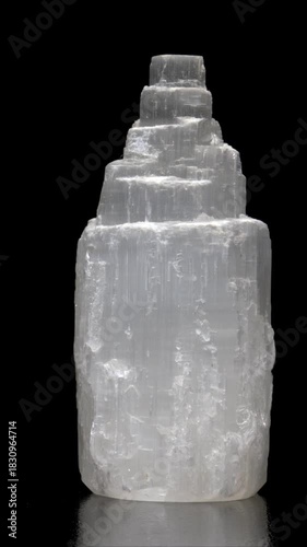 Selenite (crystalline for of gypsum - CaSO4·2H2O) 'tower' rotating slowly against a black background. Vertical.