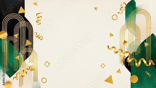 Elegant Art Deco Geometric Archways with Gold Confetti and Emerald Green Accents on a Creamy Background