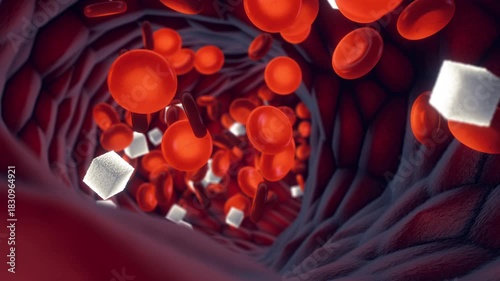 Diabetes is a metabolic disorder where the body cannot regulate blood glucose (sugar) levels, leading to hyperglycemia. Sugar cubes as part of the blood flow concept 
