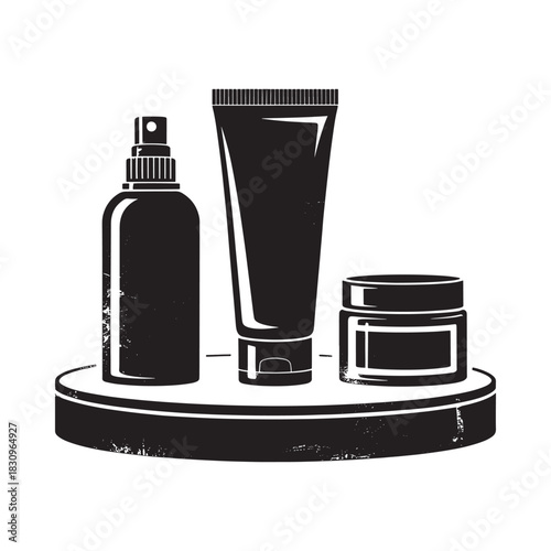 Black and white illustration of skincare products on a pedestal