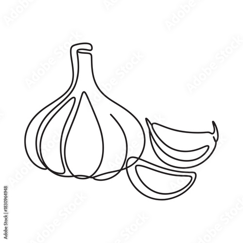 Minimalist single line drawing of garlic bulb and cloves